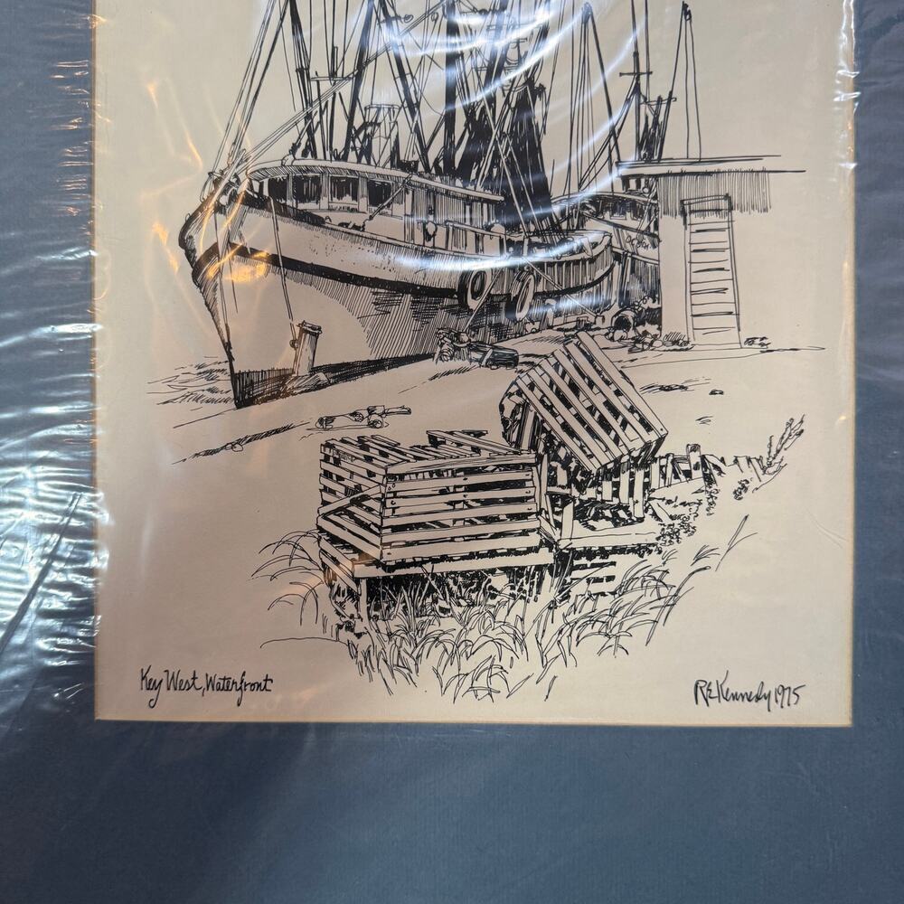 R.E. Kennedy Key West Waterfront Shrimp Boats Pen Drawing Nautical Florida Art - Picture 3 of 5